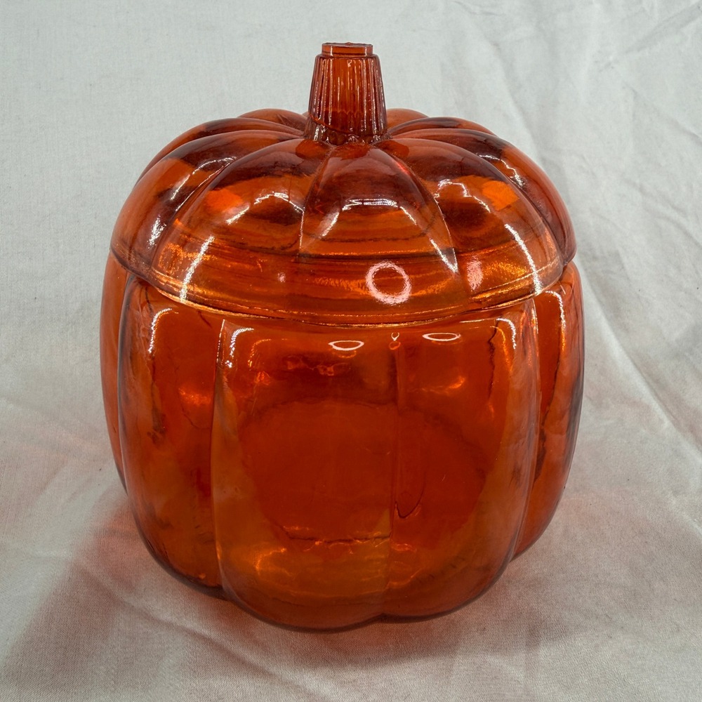 Orange Glass Pumpkin Candy Dish Lidded Jar Fall Halloween Decor